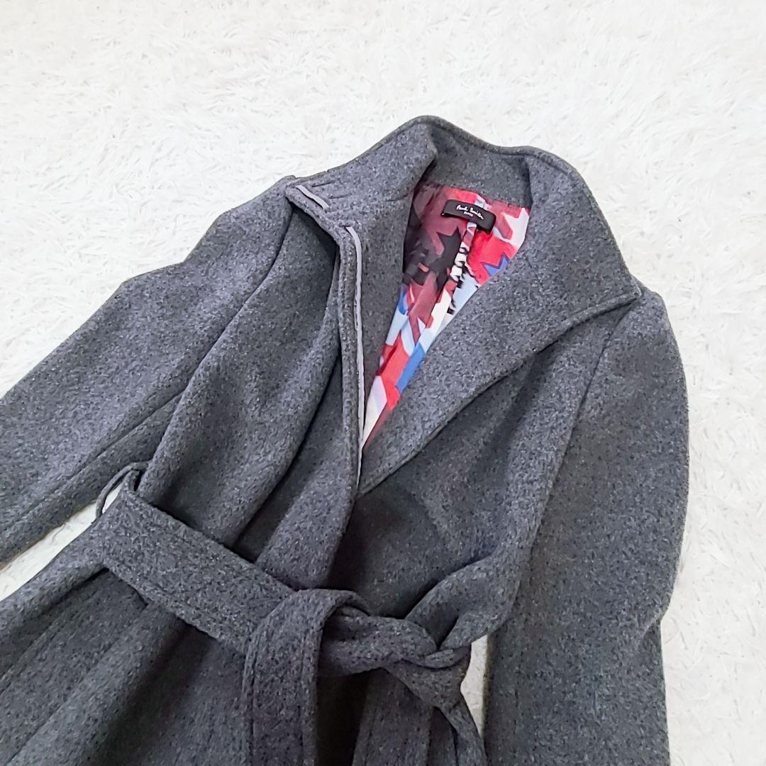 極美品 ポール・スミスブラック スタンドカラーコート XL ベルト 裏地派手