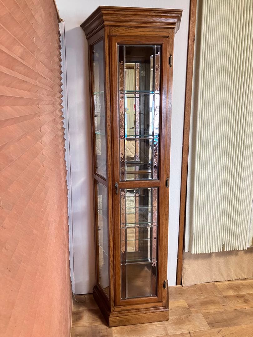 鈴木紀善 キュリオケース　キャビネット　ステンドグラス　オーク材