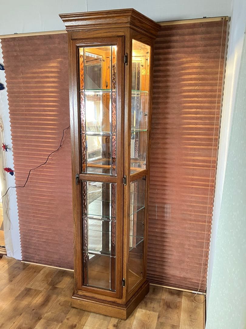 鈴木紀善 キュリオケース　キャビネット　ステンドグラス　オーク材