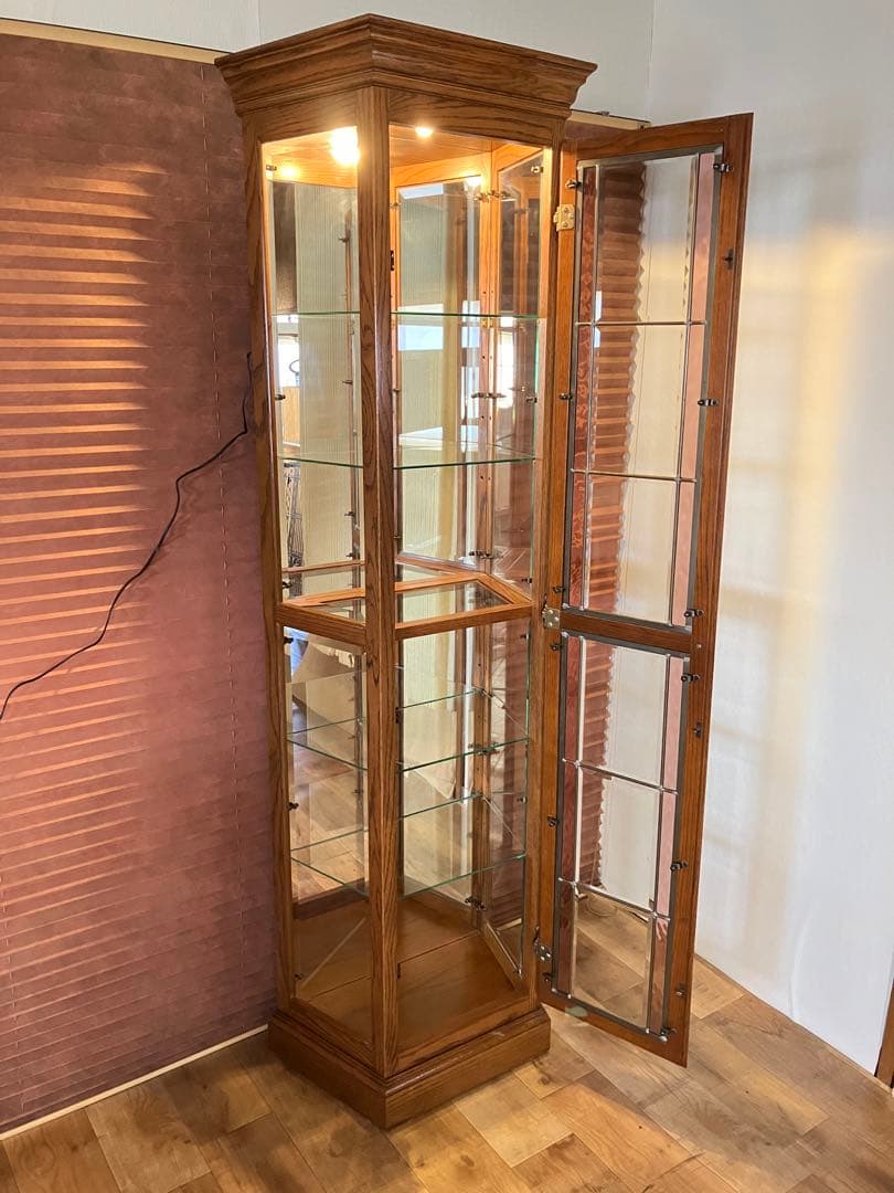 鈴木紀善 キュリオケース　キャビネット　ステンドグラス　オーク材