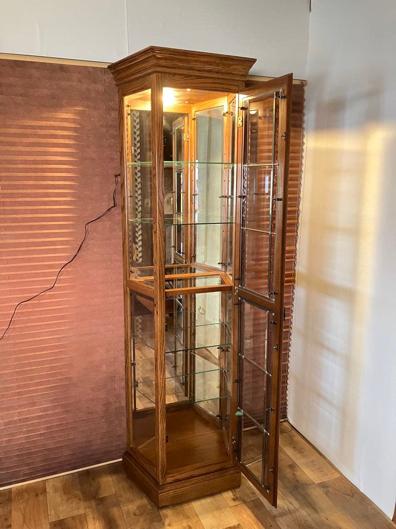 鈴木紀善 キュリオケース　キャビネット　ステンドグラス　オーク材