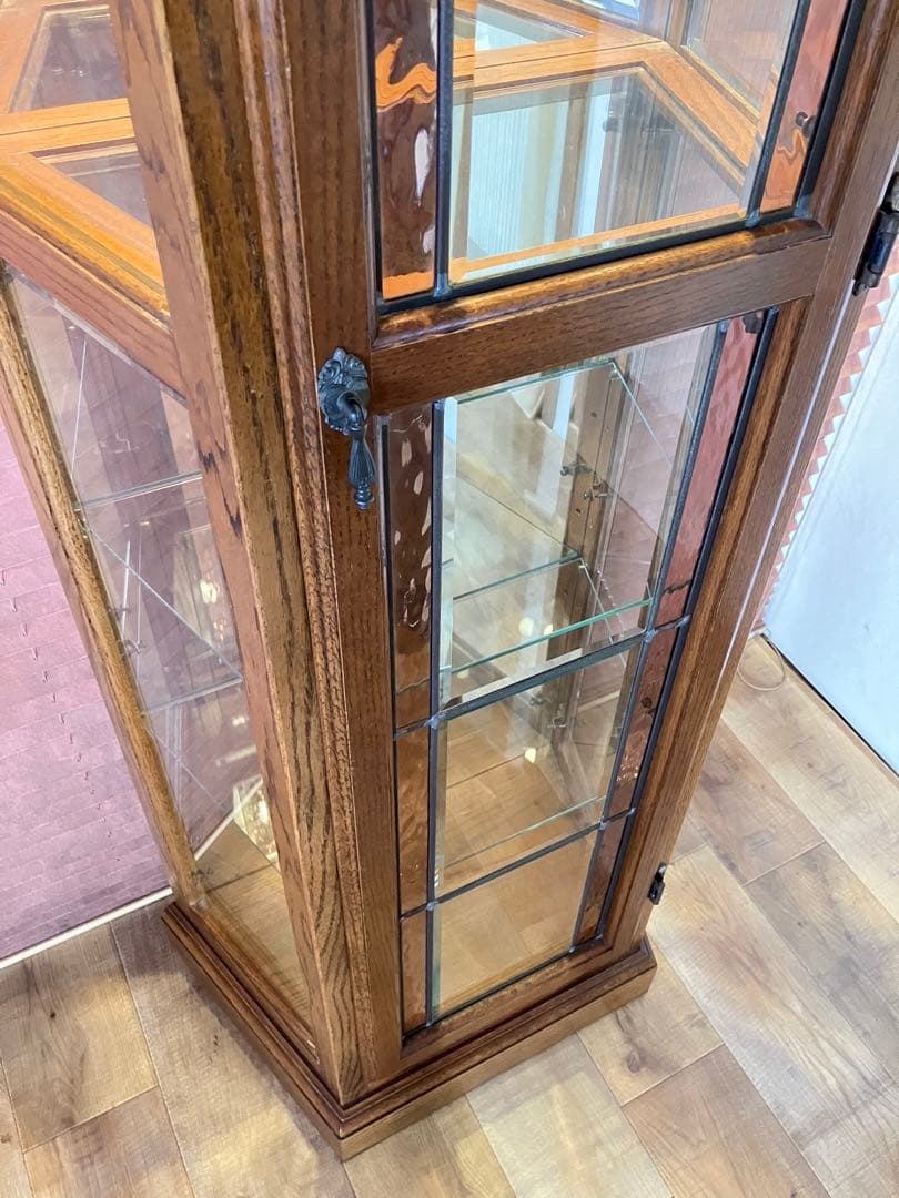 鈴木紀善 キュリオケース　キャビネット　ステンドグラス　オーク材