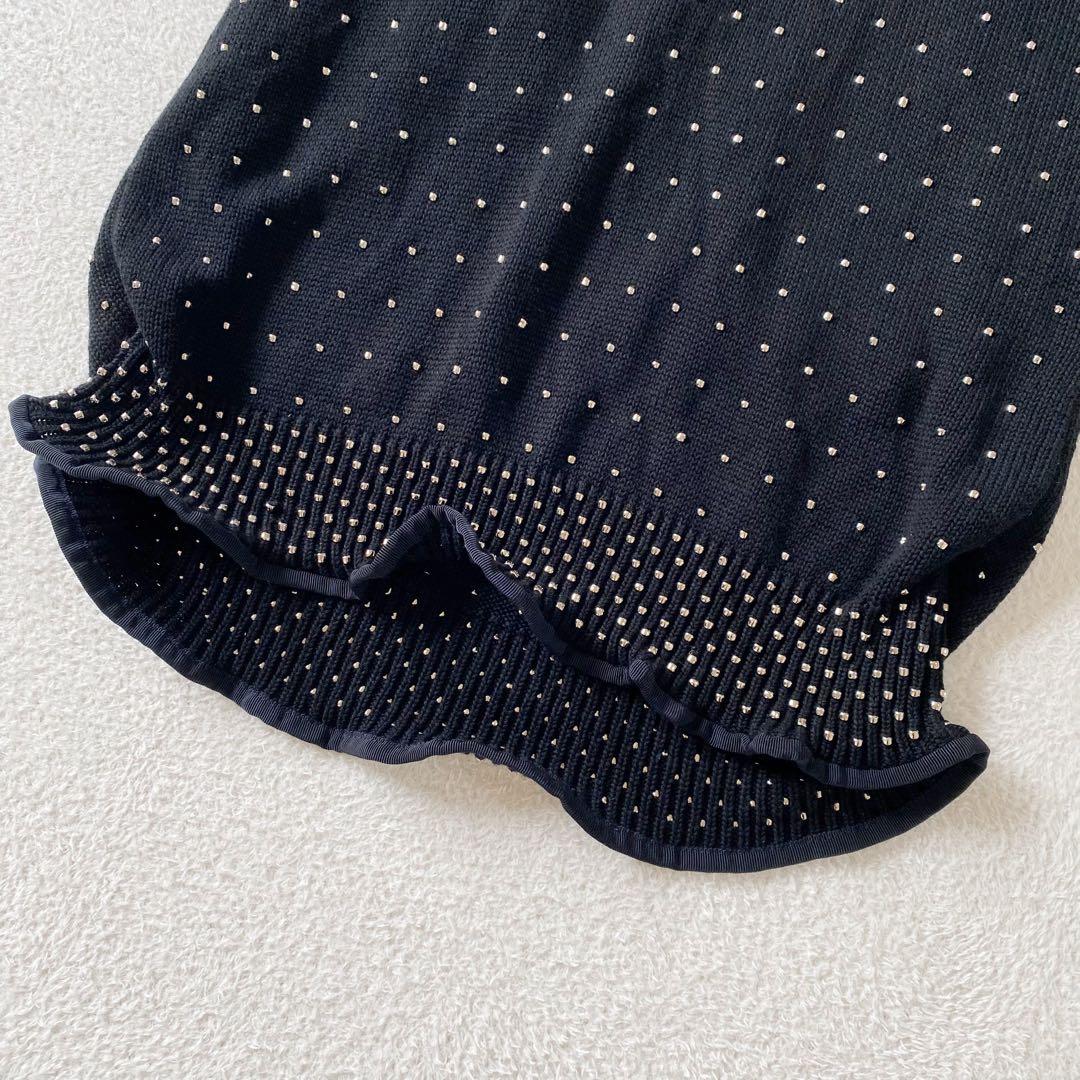 sacai サカイ コットンニット　ビーズ刺繍 フリル袖 チュニックワンピース黒