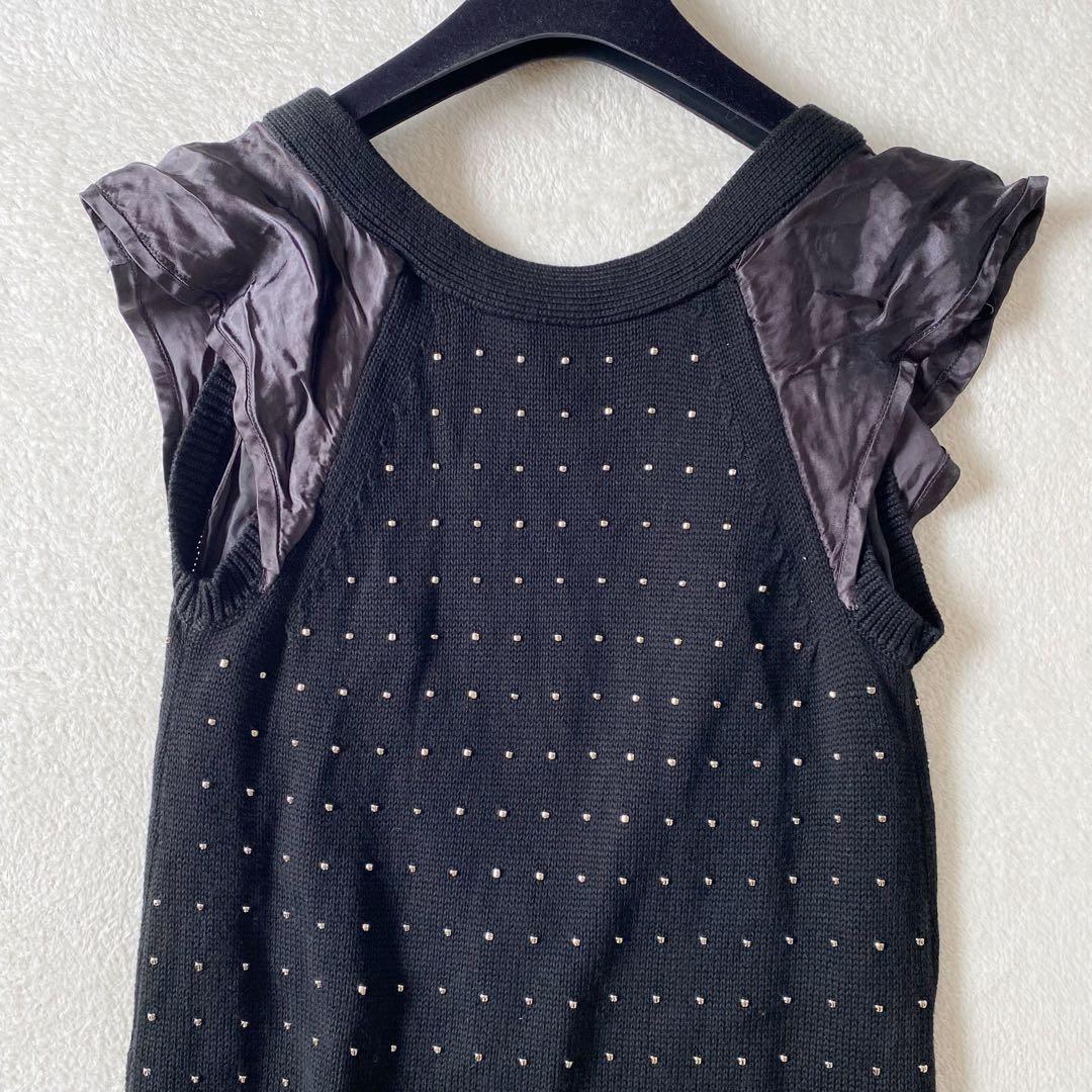 sacai サカイ コットンニット　ビーズ刺繍 フリル袖 チュニックワンピース黒