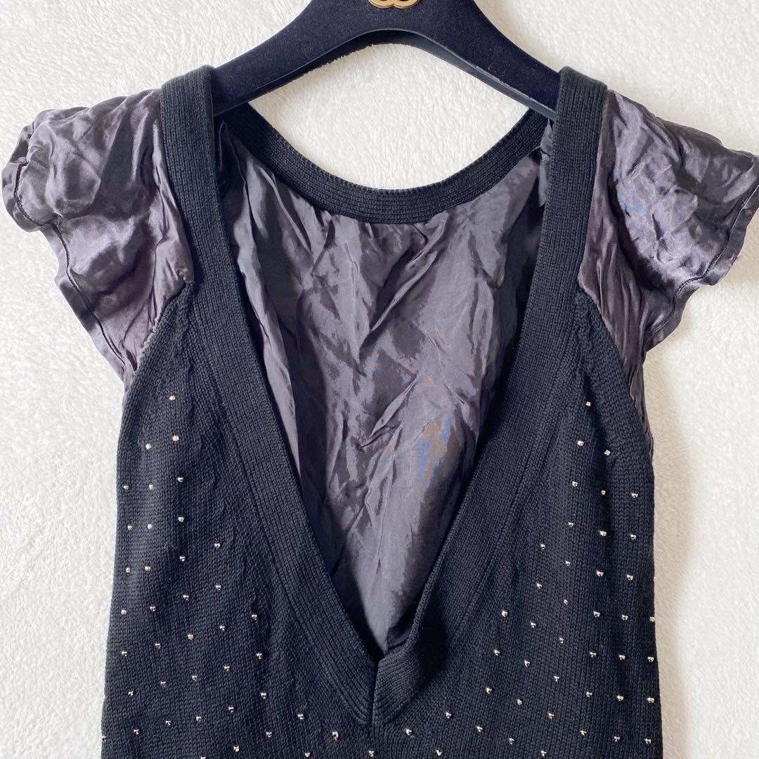 sacai サカイ コットンニット　ビーズ刺繍 フリル袖 チュニックワンピース黒