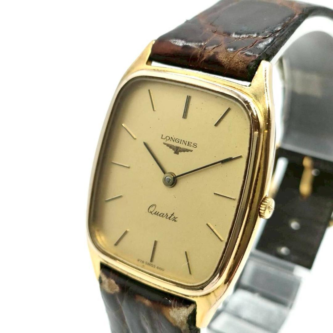 稼働品✨LONGINES レザー QZ ゴールド文字盤 2針 腕時計 メンズ