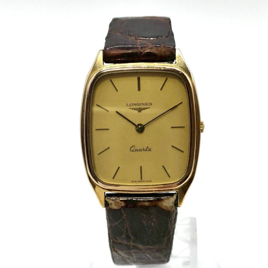 稼働品✨LONGINES レザー QZ ゴールド文字盤 2針 腕時計 メンズ