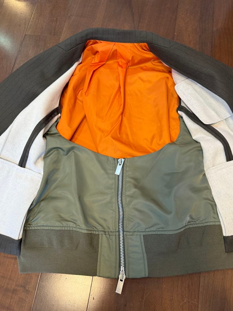 sacaiジャケット/サイズ2/ウール/カーキ/ストライプ/22-06325