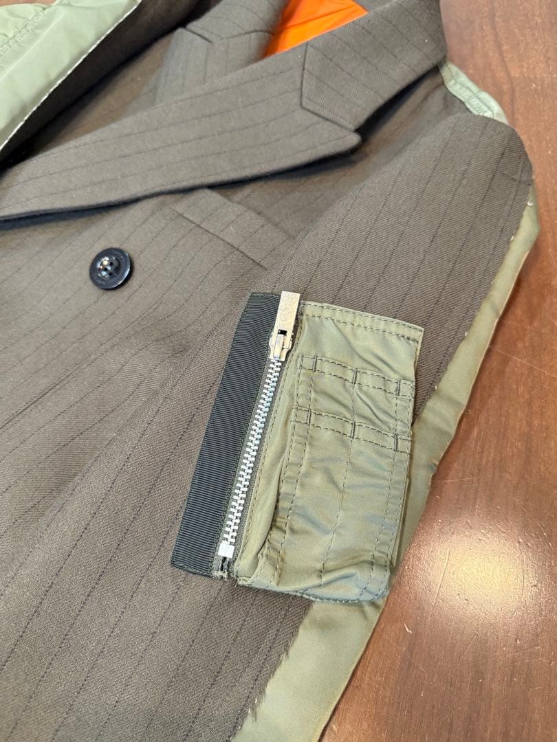 sacaiジャケット/サイズ2/ウール/カーキ/ストライプ/22-06325