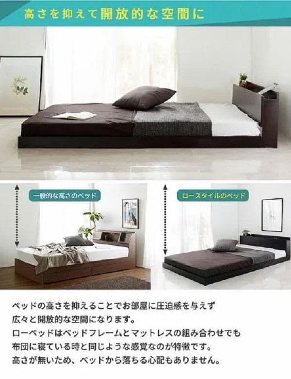 ① セミダブルベッド USBコンセント付き ロータイプベッド 宮付き ブラック