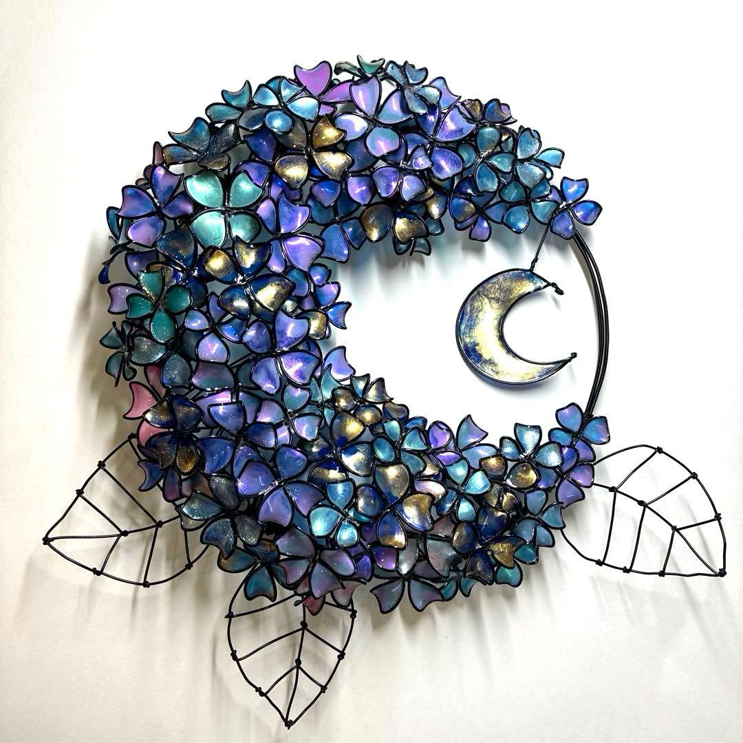 一点物　銀河　月×大きな紫陽花リース　ディップアート　アート　ワイヤークラフト