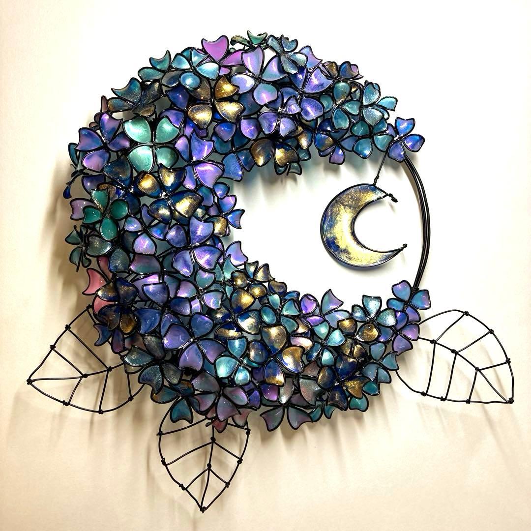 一点物　銀河　月×大きな紫陽花リース　ディップアート　アート　ワイヤークラフト