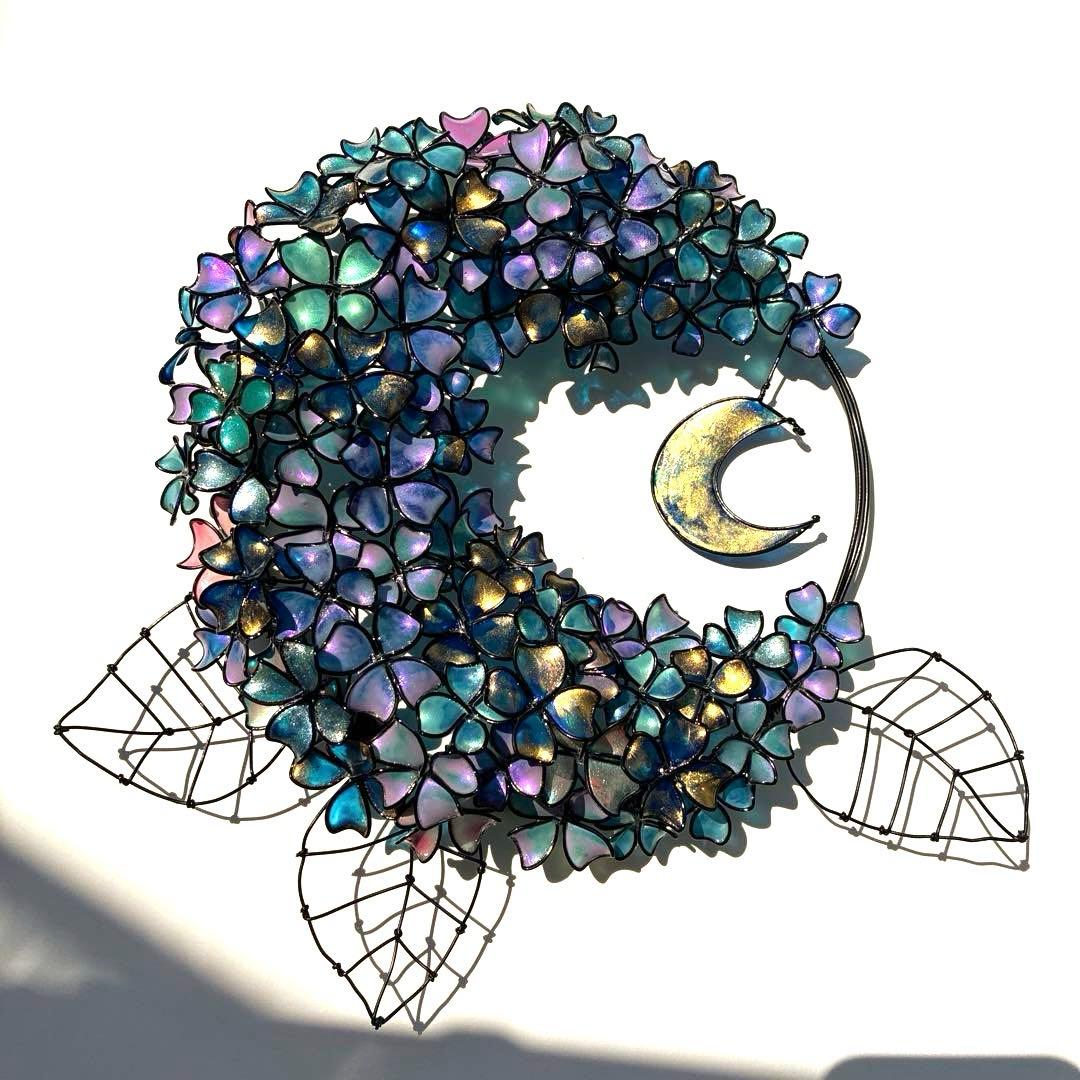 一点物　銀河　月×大きな紫陽花リース　ディップアート　アート　ワイヤークラフト