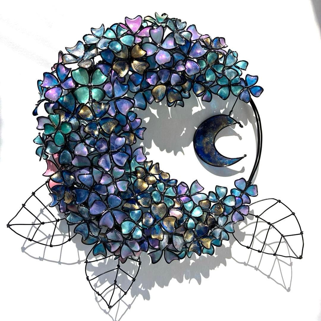 一点物　銀河　月×大きな紫陽花リース　ディップアート　アート　ワイヤークラフト