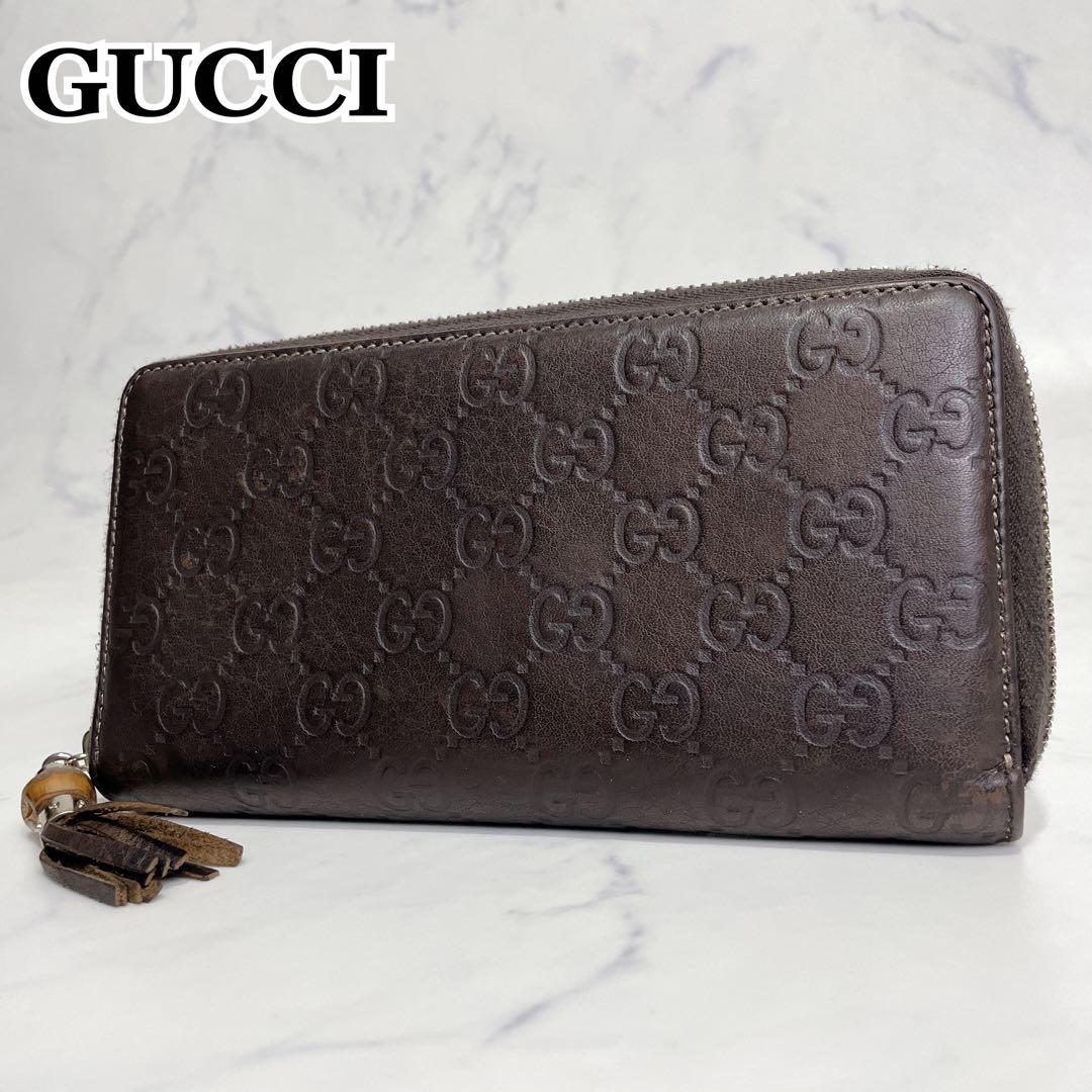 美品✨GUCCI ラウンドファスナー GGシマ バンブー ブラウン 長財布