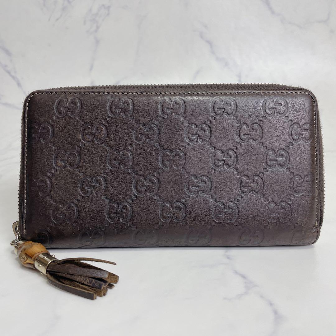 美品✨GUCCI ラウンドファスナー GGシマ バンブー ブラウン 長財布