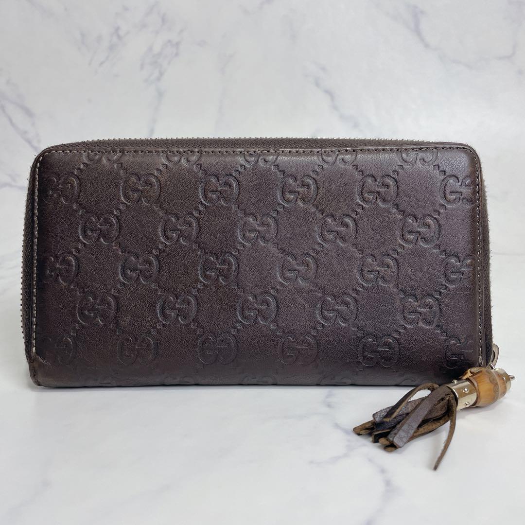 美品✨GUCCI ラウンドファスナー GGシマ バンブー ブラウン 長財布