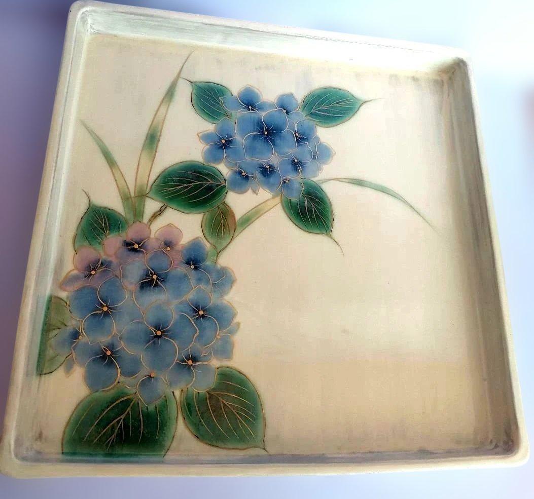 清水焼　京焼【土淵陶あん】あじさい　スクエア皿　角皿　大皿