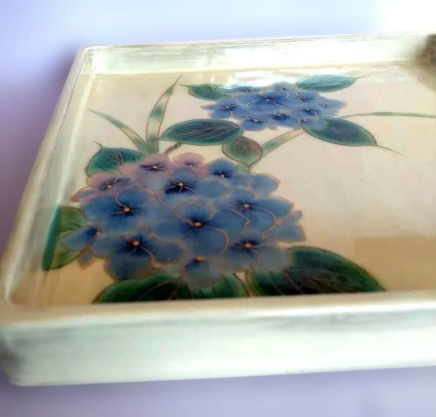 清水焼　京焼【土淵陶あん】あじさい　スクエア皿　角皿　大皿