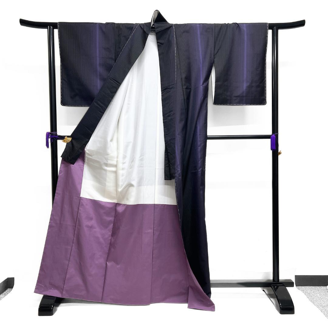 未着用　小紋　染め大島紬　アンサンブル　縦縞　モード　着物　124b d ms