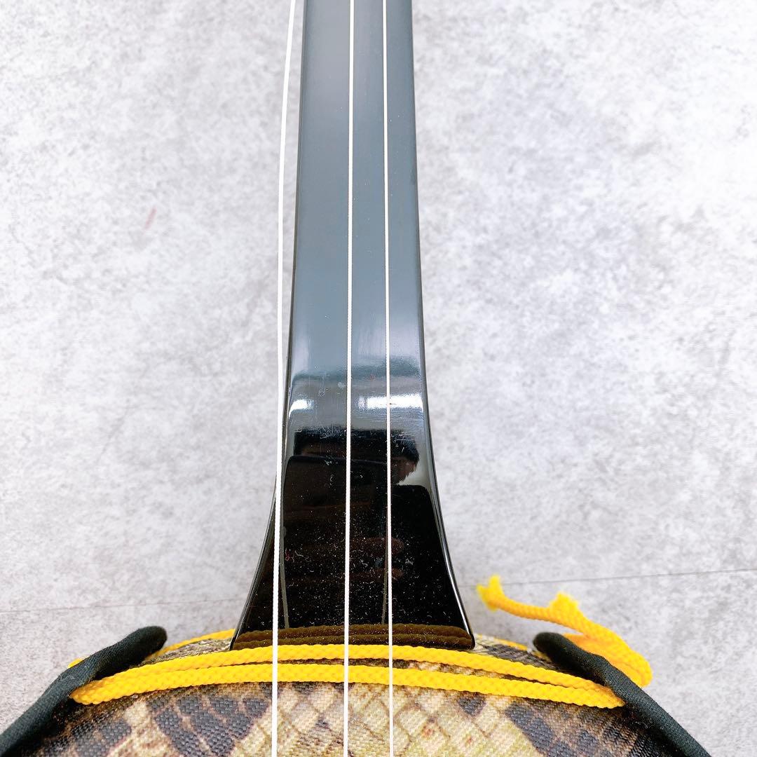 美品 沖縄三線 人工皮 蛇柄 弦楽器 琉球 黒塗り ケース付 初心者 入門モデル