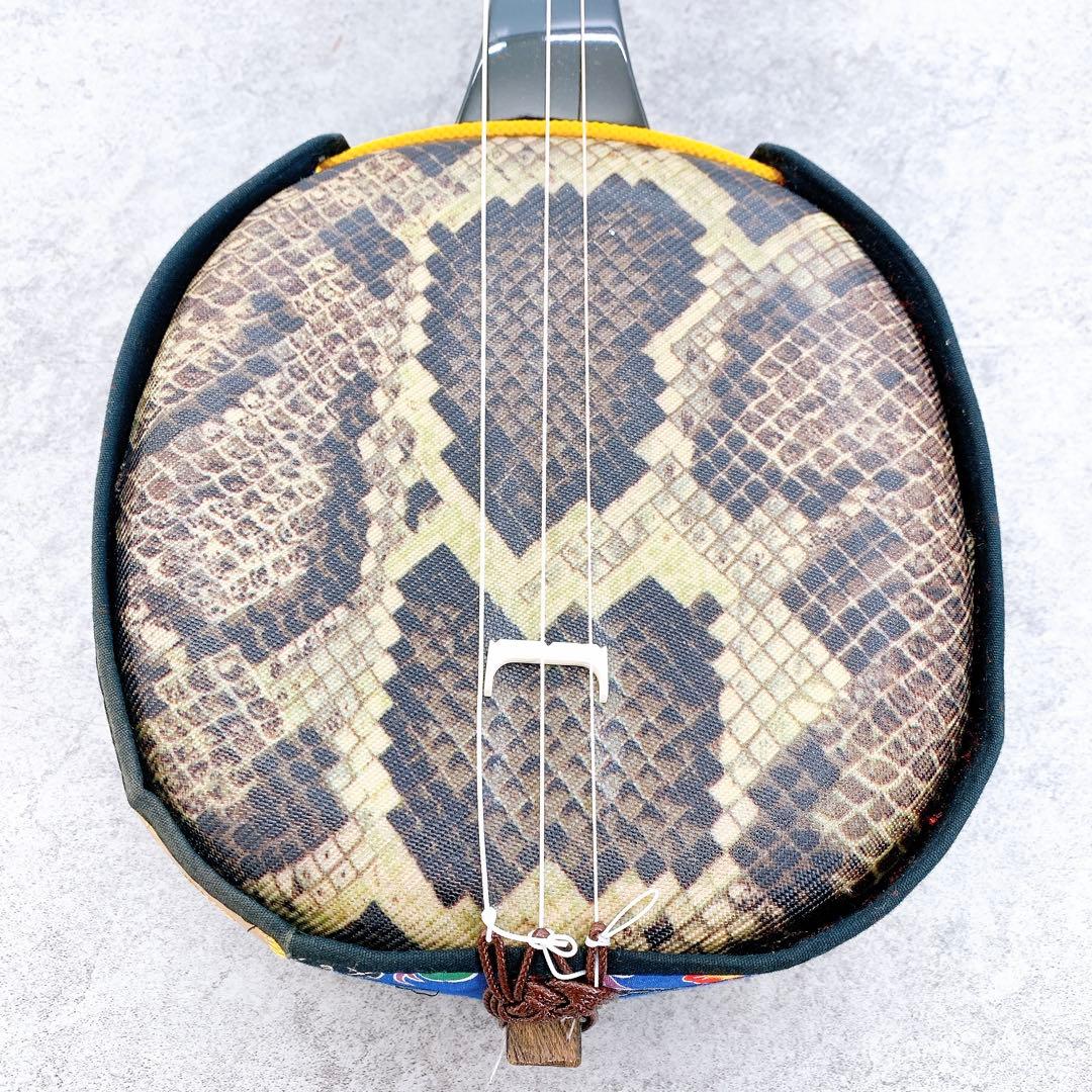 美品 沖縄三線 人工皮 蛇柄 弦楽器 琉球 黒塗り ケース付 初心者 入門モデル