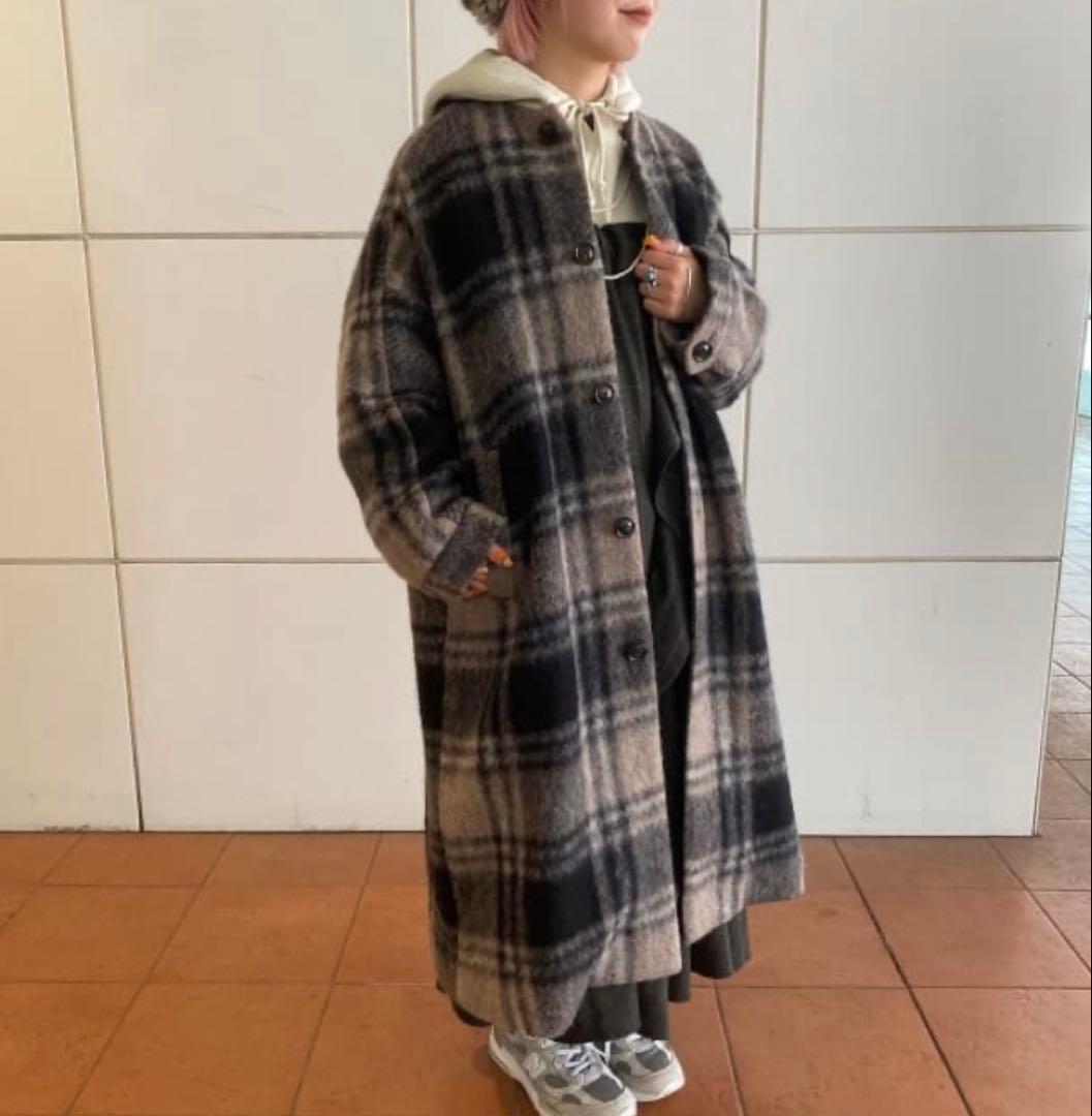 BEAMS BOY スライバー タータンチェック ノーカラーコート