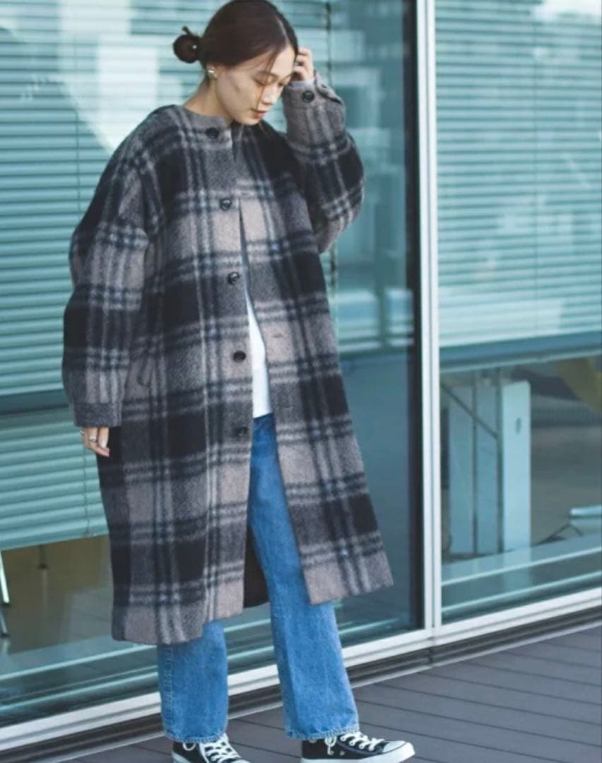 BEAMS BOY スライバー タータンチェック ノーカラーコート