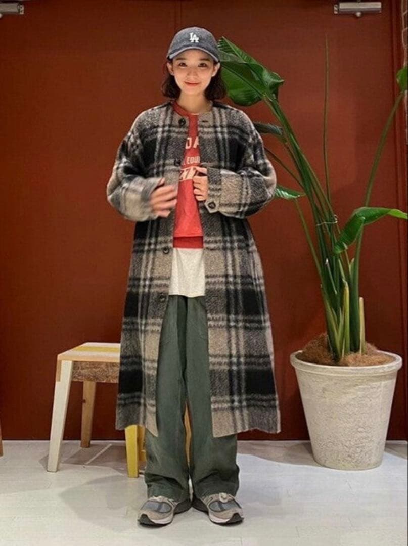 BEAMS BOY スライバー タータンチェック ノーカラーコート