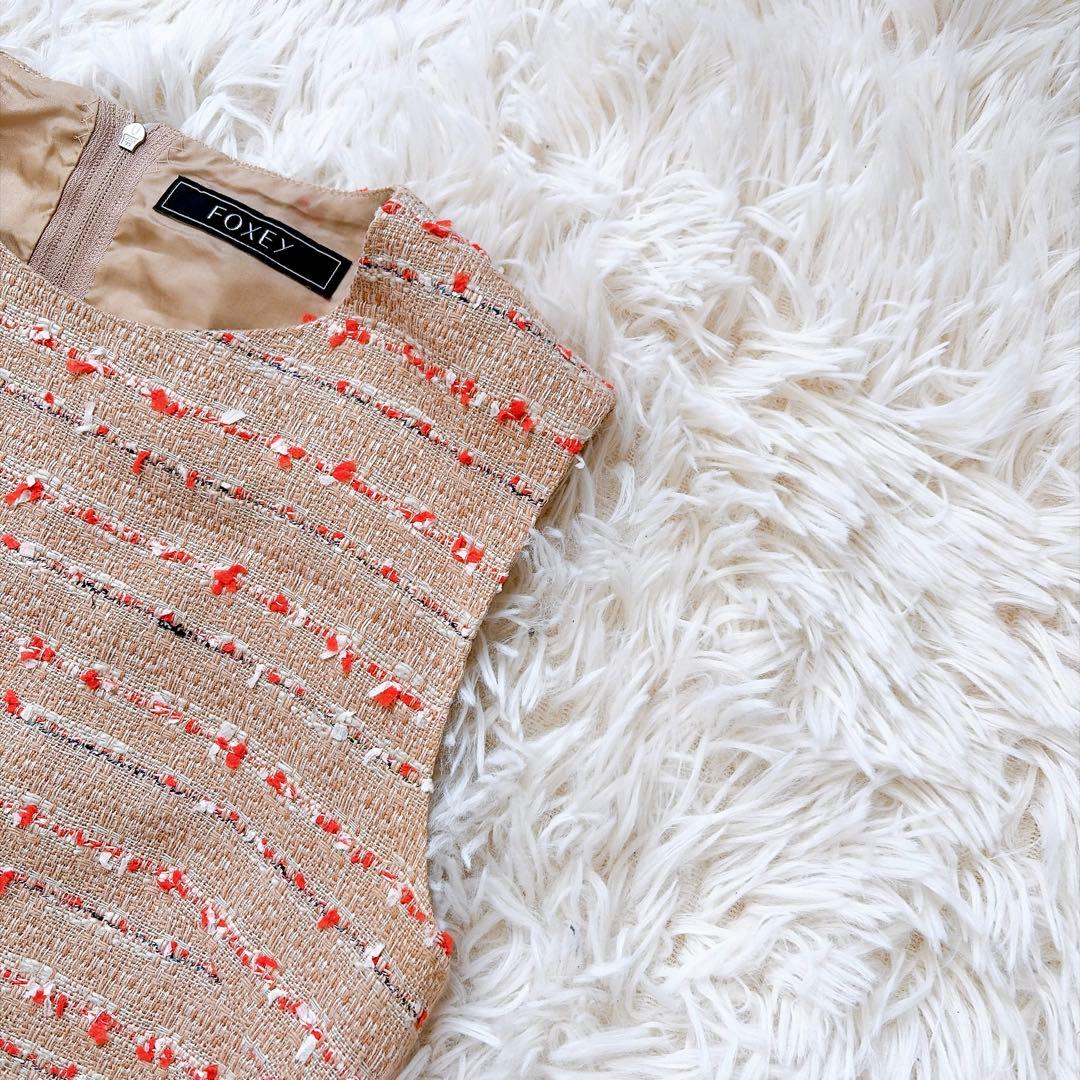 近年✨foxey ノースリーブツイードワンピース　ノーカラー　ロング丈