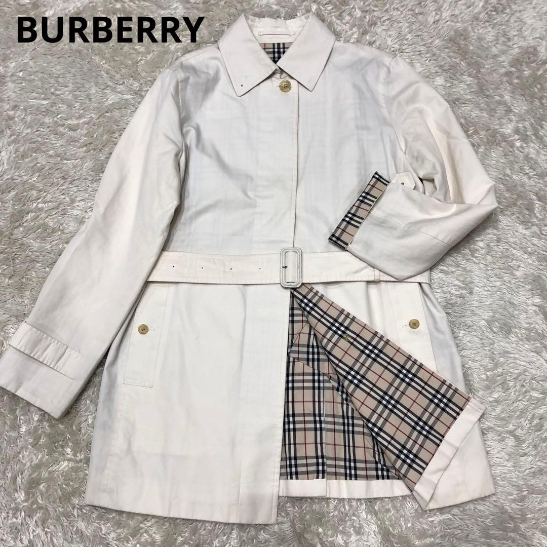 バーバリーロンドン ステンカラーコート オフホワイト系 ノバチェック裏地 11号