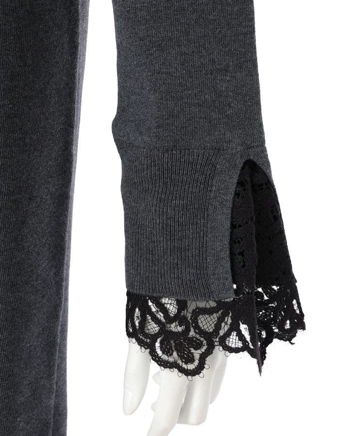 袖口レースニットワンピース