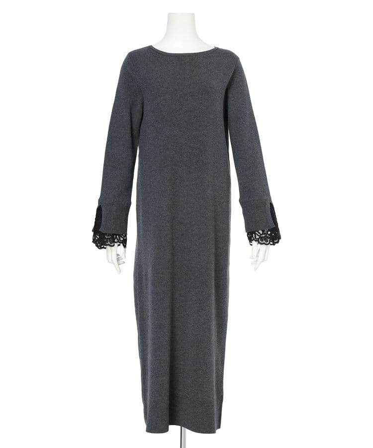 袖口レースニットワンピース