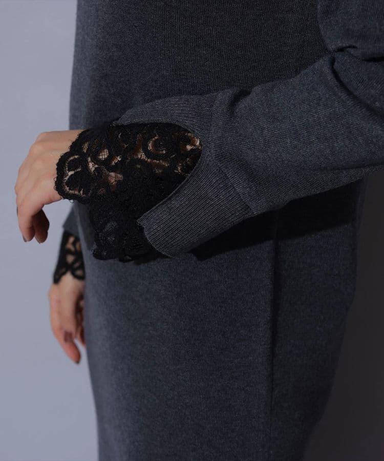 袖口レースニットワンピース