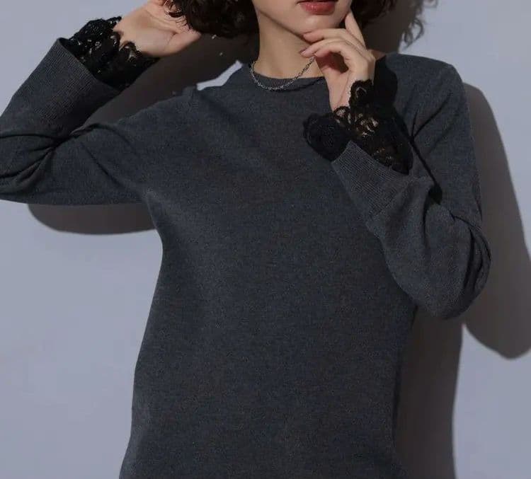 袖口レースニットワンピース