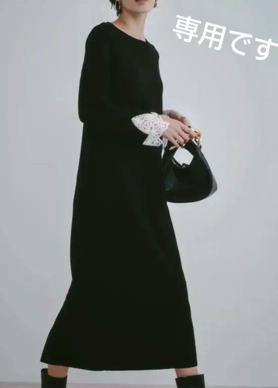 袖口レースニットワンピース