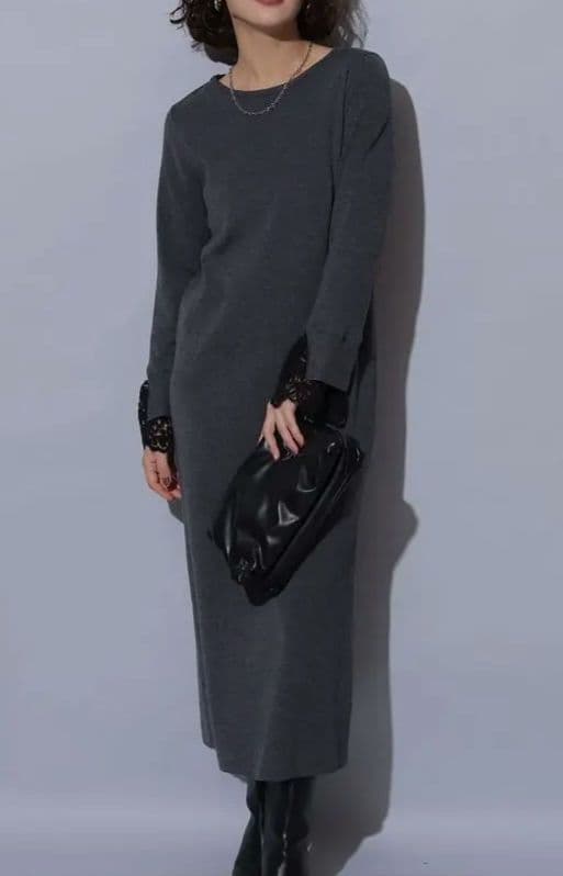 袖口レースニットワンピース