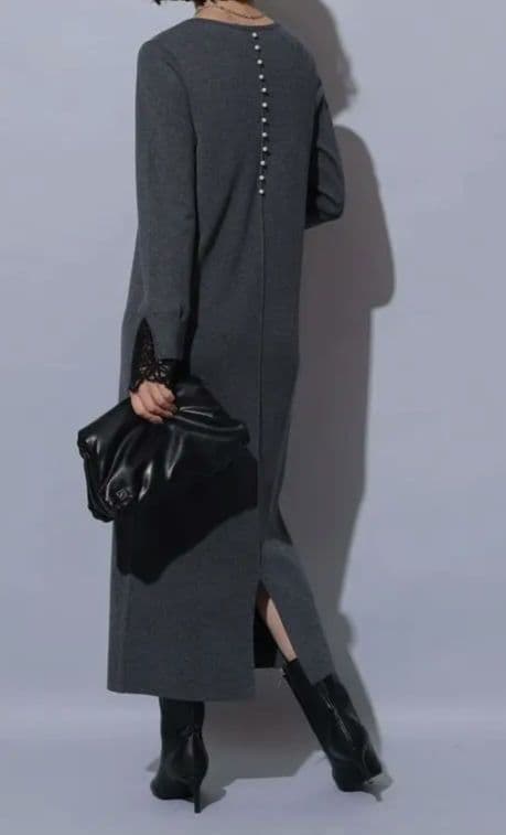 袖口レースニットワンピース