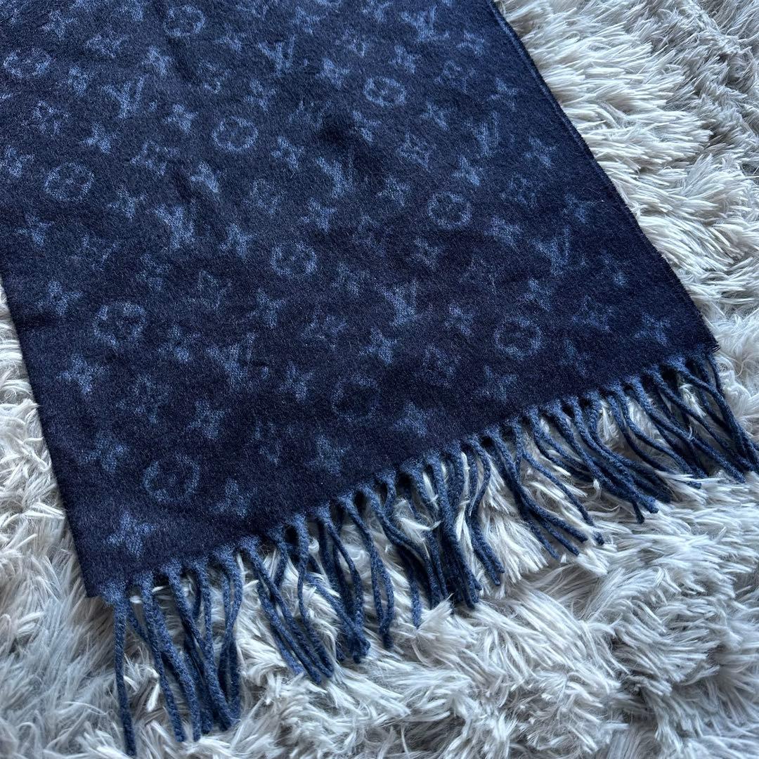 【美品】 Louis Vuitton モノグラム マフラー カシミヤ ネイビー