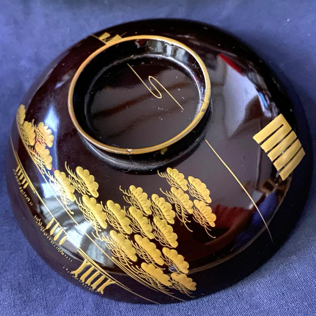 時代物骨董　木製漆器吸物椀七客　蒔絵・黒内朱　源氏物語　松風・葵の上　7客組