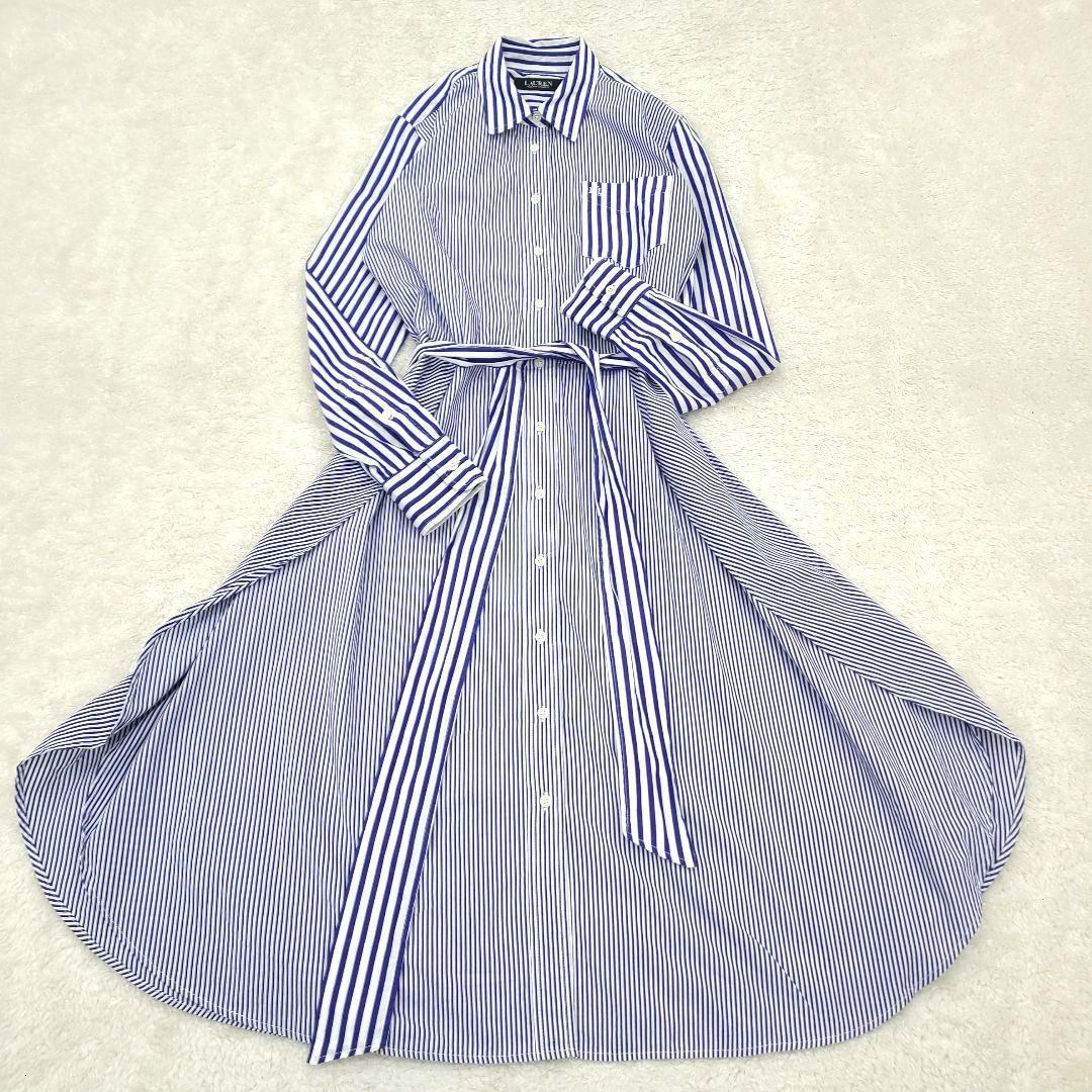 【美品】現行　ローレンラルフローレン　シャツワンピース　ストライプ　ベルト　刺繍