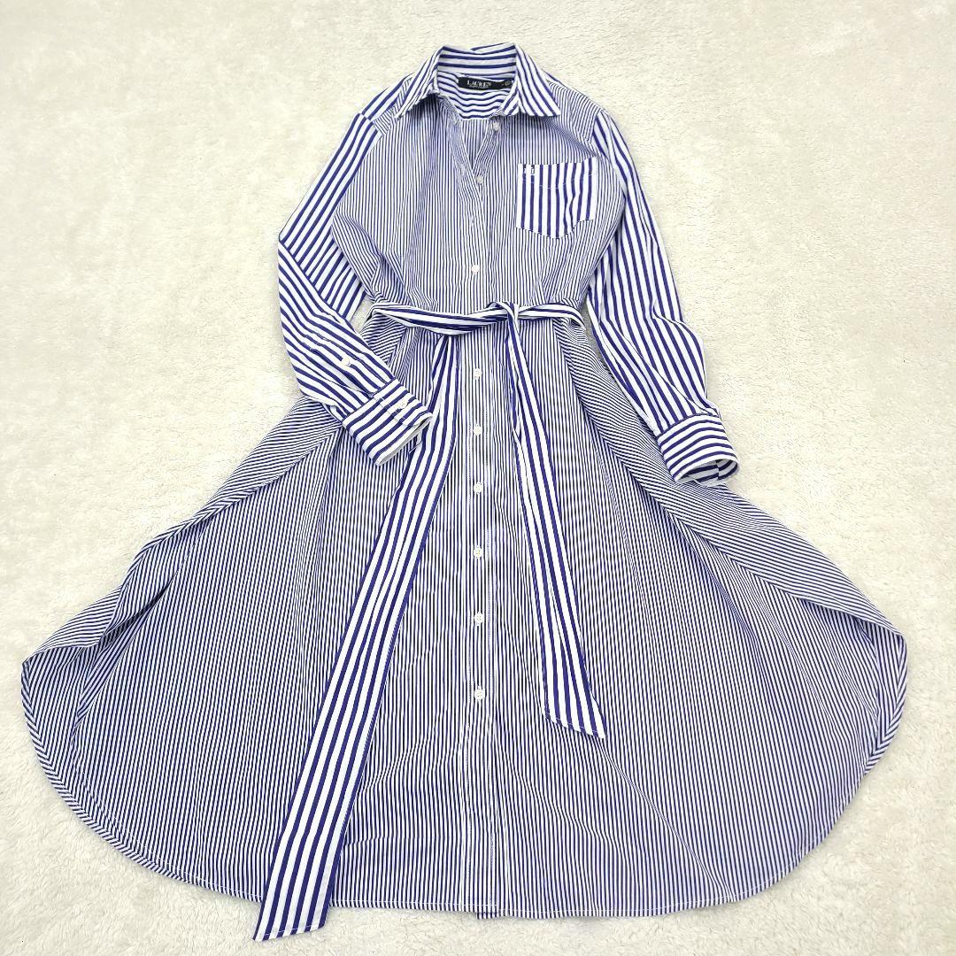 【美品】現行　ローレンラルフローレン　シャツワンピース　ストライプ　ベルト　刺繍