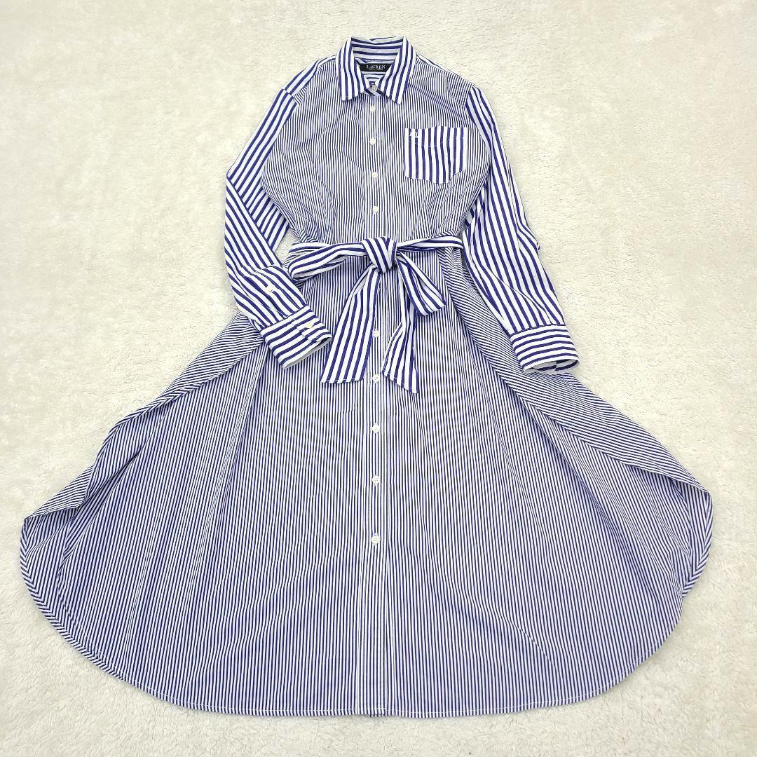 【美品】現行　ローレンラルフローレン　シャツワンピース　ストライプ　ベルト　刺繍