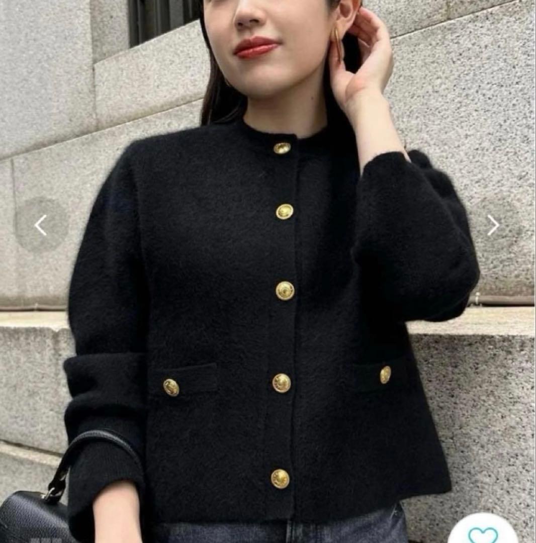 anuansアニュアンス　ラクーンブレンドノーカラーニットジャケット BLACK