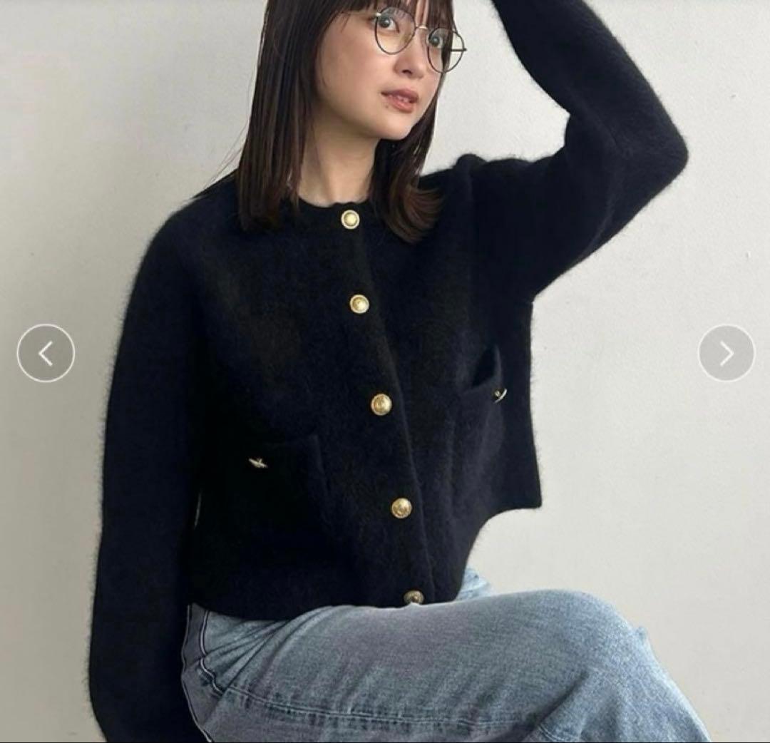 anuansアニュアンス　ラクーンブレンドノーカラーニットジャケット BLACK