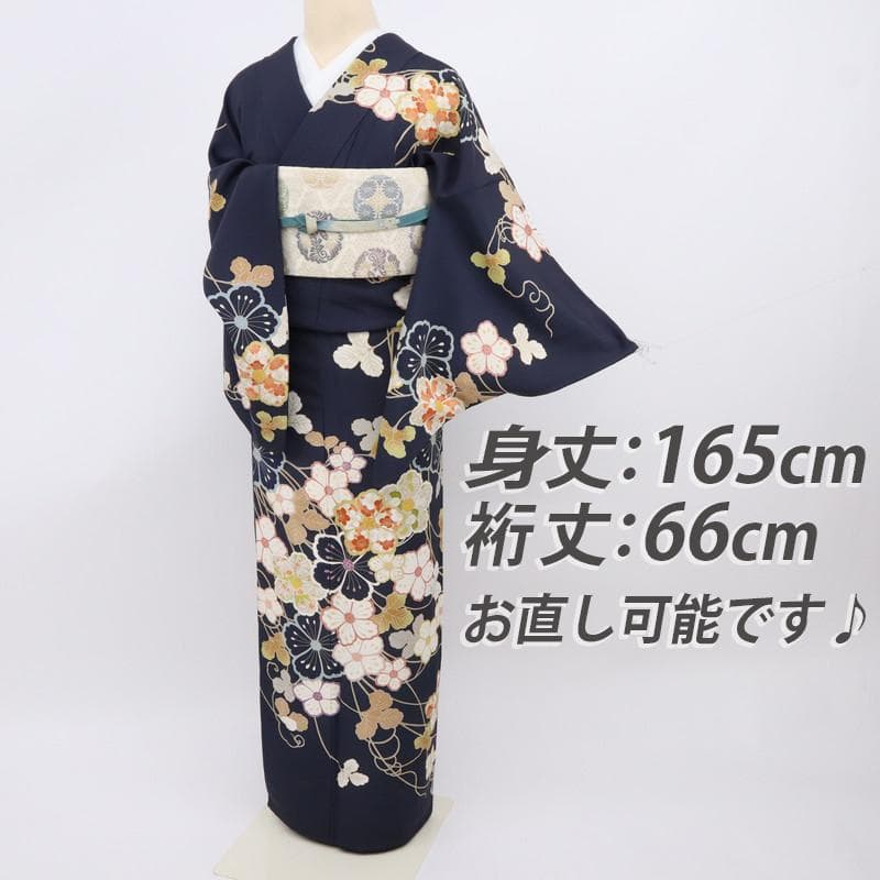 《st★長尺■訪問着■彩り花枠に吉祥文の花々植物■濃紺◆HA3-23》