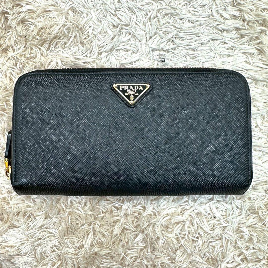 【美品】プラダ 長財布 ラウンドファスナー ブラック サフィアーノ 三角ロゴ
