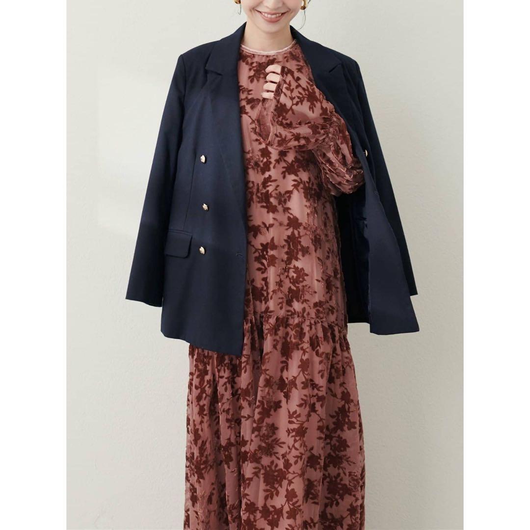 【新品タグ付】ナチュラルクチュール　シアーベロア花柄切替ワンピース　レッド　F