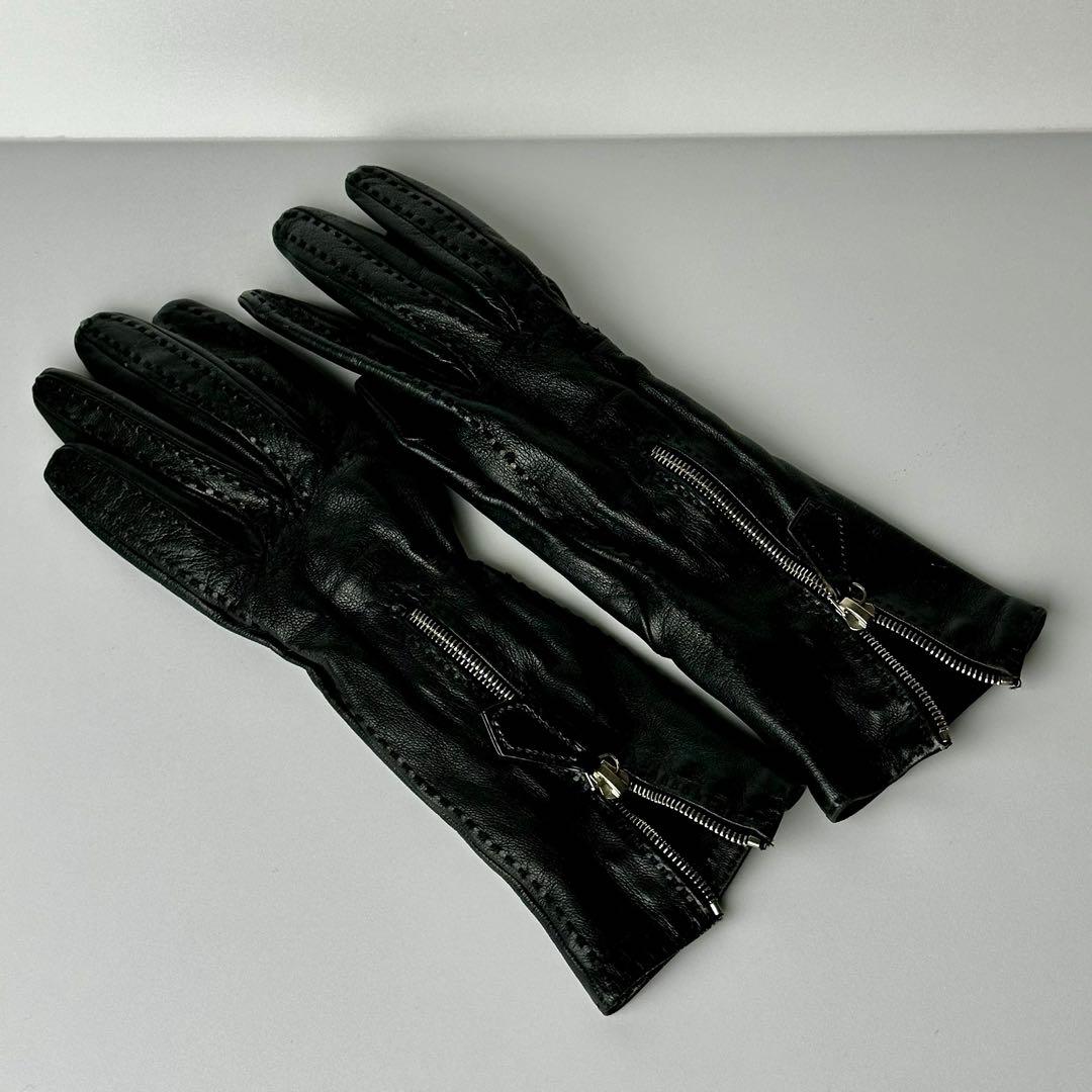 エルメス　黒のレザーのロンググローブ サイズ7
