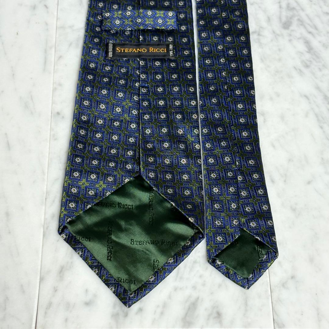 STEFANO RICCI ネクタイ グリーン ネイビー パターン柄 光沢